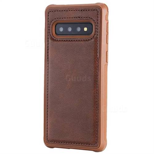 Luxury Shatter-resistant Leather Coated Phone Back Cover for Samsung Galaxy S10 (6.1 inch) - Coffee