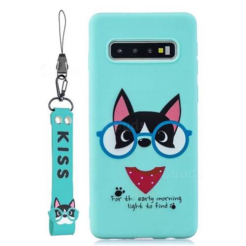 Green Glasses Dog Soft Kiss Candy Hand Strap Silicone Case for Samsung Galaxy S10 (6.1 inch)