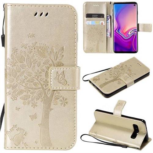 Embossing Butterfly Tree Leather Wallet Case for Samsung Galaxy S10 (6.1 inch) - Champagne