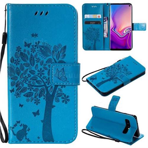 Embossing Butterfly Tree Leather Wallet Case for Samsung Galaxy S10 (6.1 inch) - Blue
