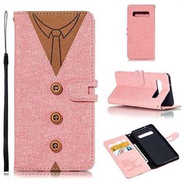 Mens Button Clothing Style Leather Wallet Phone Case for Samsung Galaxy S10 (6.1 inch) - Pink