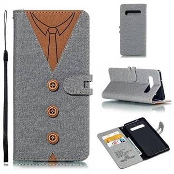 Mens Button Clothing Style Leather Wallet Phone Case for Samsung Galaxy S10 (6.1 inch) - Gray