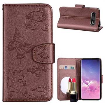 Embossing Butterfly Morning Glory Mirror Leather Wallet Case for Samsung Galaxy S10 (6.1 inch) - Coffee