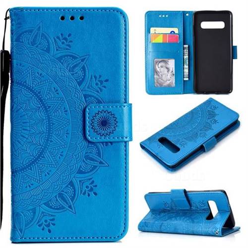 Intricate Embossing Datura Leather Wallet Case for Samsung Galaxy S10 (6.1 inch) - Blue