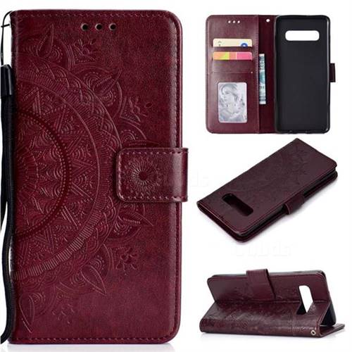 Intricate Embossing Datura Leather Wallet Case for Samsung Galaxy S10 (6.1 inch) - Brown