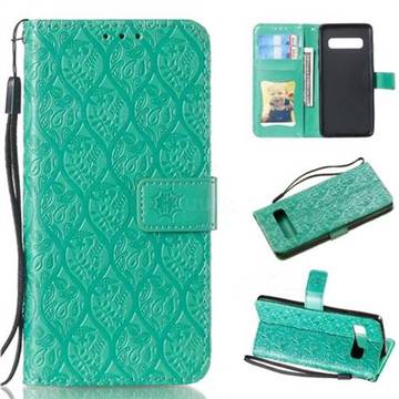 Intricate Embossing Rattan Flower Leather Wallet Case for Samsung Galaxy S10 (6.1 inch) - Green