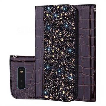 Shiny Crocodile Pattern Stitching Magnetic Closure Flip Holster Shockproof Phone Case for Samsung Galaxy S10 (6.1 inch) - Black Brown