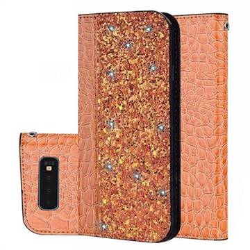 Shiny Crocodile Pattern Stitching Magnetic Closure Flip Holster Shockproof Phone Case for Samsung Galaxy S10 (6.1 inch) - Gold Orange
