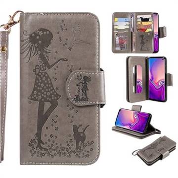 Embossing Cat Girl 9 Card Leather Wallet Case for Samsung Galaxy S10 (6.1 inch) - Gray
