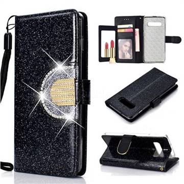 Glitter Diamond Buckle Splice Mirror Leather Wallet Phone Case for Samsung Galaxy S10 (6.1 inch) - Black