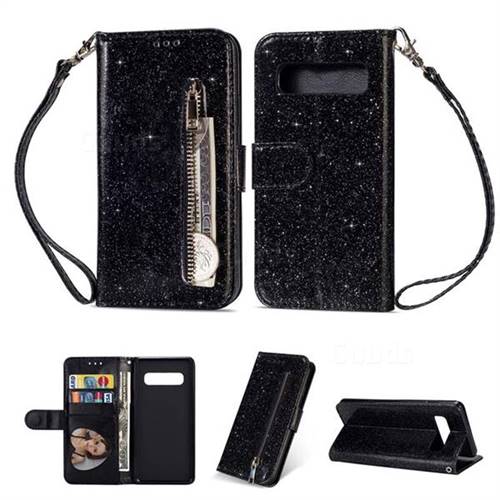 Glitter Shine Leather Zipper Wallet Phone Case for Samsung Galaxy S10 (6.1 inch) - Black