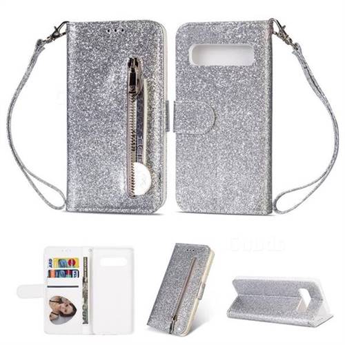 Glitter Shine Leather Zipper Wallet Phone Case for Samsung Galaxy S10 (6.1 inch) - Silver