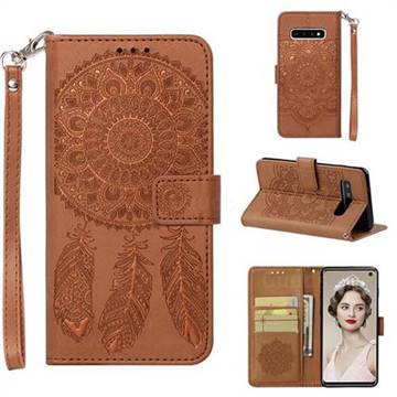 Embossing Campanula Flower Leather Wallet Case for Samsung Galaxy S10 (6.1 inch) - Brown
