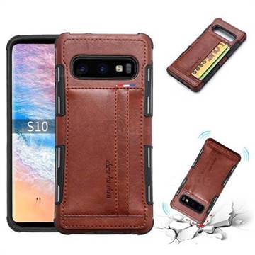 Luxury Shatter-resistant Leather Coated Card Phone Case for Samsung Galaxy S10 (6.1 inch) - Brown