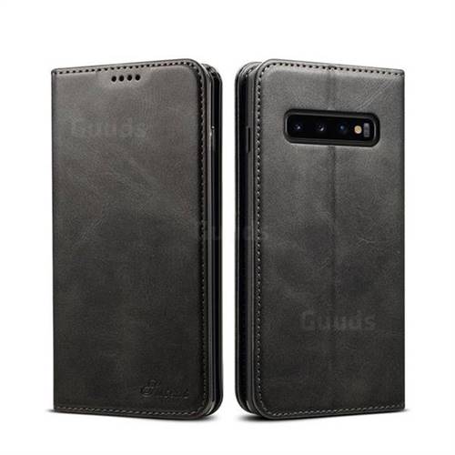Suteni Simple Style Calf Stripe Leather Wallet Phone Case for Samsung Galaxy S10 (6.1 inch) - Black