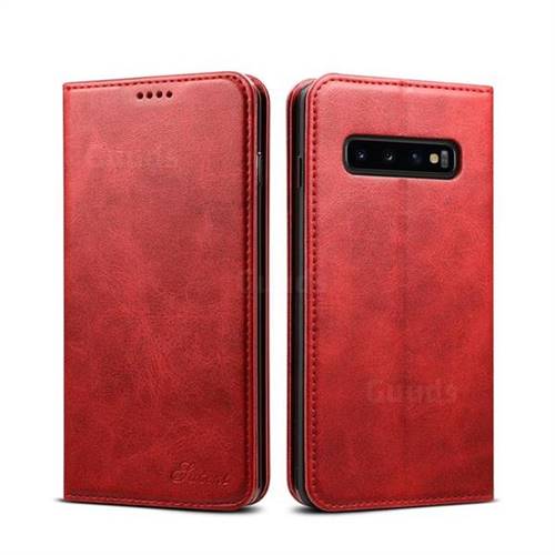 Suteni Simple Style Calf Stripe Leather Wallet Phone Case for Samsung Galaxy S10 (6.1 inch) - Red