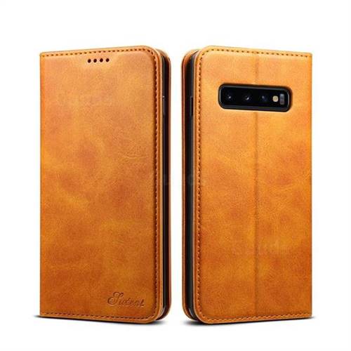 Suteni Simple Style Calf Stripe Leather Wallet Phone Case for Samsung Galaxy S10 (6.1 inch) - Khaki
