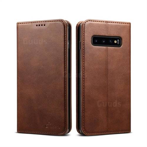 Suteni Simple Style Calf Stripe Leather Wallet Phone Case for Samsung Galaxy S10 (6.1 inch) - Brown