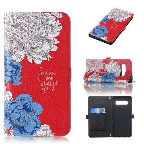 Red Chrysanthemum Endeavour Florid Pearl Flower Pendant Metal Strap PU Leather Wallet Case for Samsung Galaxy S10 (6.1 inch)