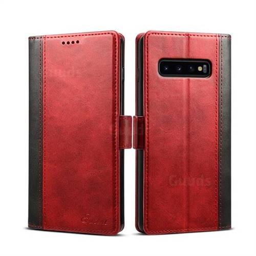 Suteni Calf Stripe Dual Color Leather Wallet Flip Case for Samsung Galaxy S10 (6.1 inch) - Red