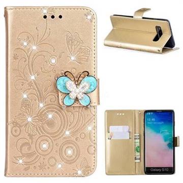 Embossing Butterfly Circle Rhinestone Leather Wallet Case for Samsung Galaxy S10 (6.1 inch) - Champagne