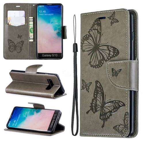 Embossing Double Butterfly Leather Wallet Case for Samsung Galaxy S10 (6.1 inch) - Gray