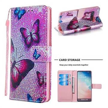 Blue Butterfly Sequins Painted Leather Wallet Case for Samsung Galaxy S10 (6.1 inch)