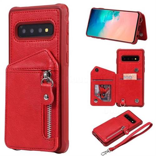 Classic Luxury Buckle Zipper Anti-fall Leather Phone Back Cover for Samsung Galaxy S10 (6.1 inch) - Red
