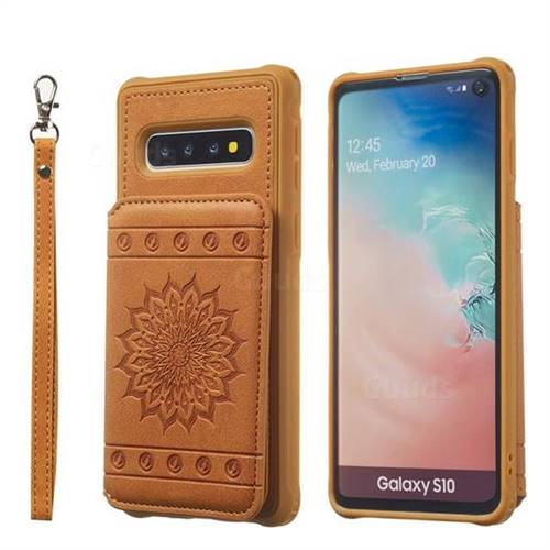 Luxury Embossing Sunflower Multifunction Leather Back Cover for Samsung Galaxy S10 (6.1 inch) - Brown