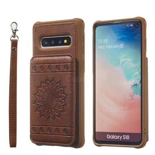 Luxury Embossing Sunflower Multifunction Leather Back Cover for Samsung Galaxy S10 (6.1 inch) - Coffee
