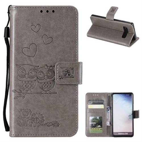 Embossing Owl Couple Flower Leather Wallet Case for Samsung Galaxy S10 (6.1 inch) - Gray