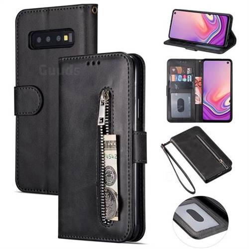 Retro Calfskin Zipper Leather Wallet Case Cover for Samsung Galaxy S10 (6.1 inch) - Black