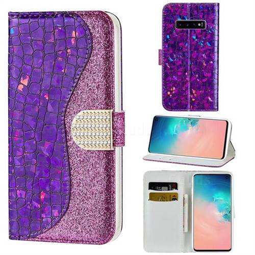 Glitter Diamond Buckle Laser Stitching Leather Wallet Phone Case for Samsung Galaxy S10 (6.1 inch) - Purple