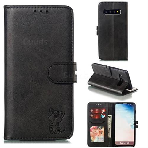 Embossing Happy Cat Leather Wallet Case for Samsung Galaxy S10 (6.1 inch) - Black