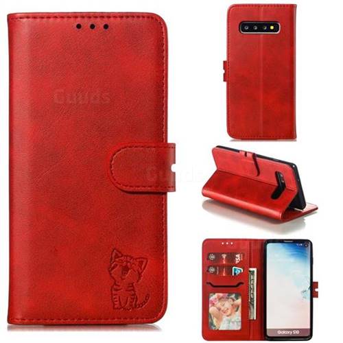 Embossing Happy Cat Leather Wallet Case for Samsung Galaxy S10 (6.1 inch) - Red