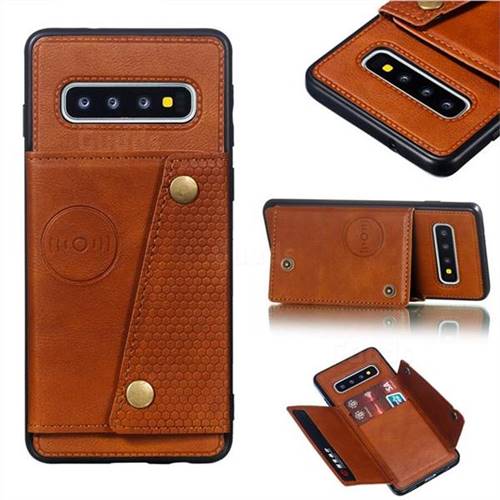 Retro Multifunction Card Slots Stand Leather Coated Phone Back Cover for Samsung Galaxy S10 (6.1 inch) - Brown