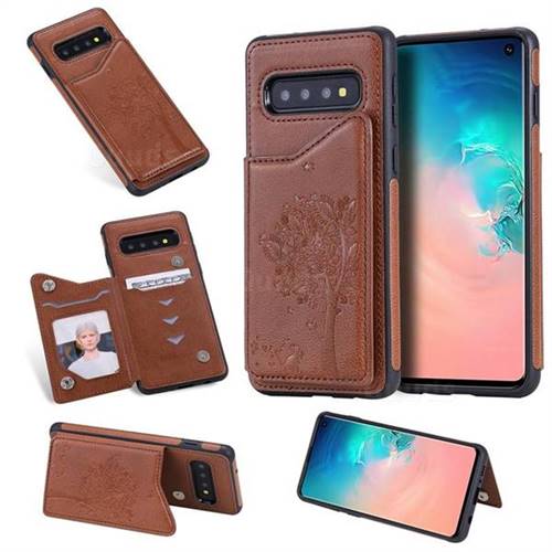 Luxury Tree and Cat Multifunction Magnetic Card Slots Stand Leather Phone Back Cover for Samsung Galaxy S10 (6.1 inch) - Brown