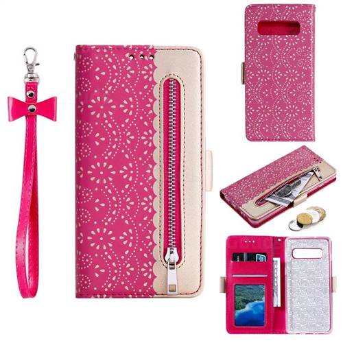 Luxury Lace Zipper Stitching Leather Phone Wallet Case for Samsung Galaxy S10 (6.1 inch) - Rose