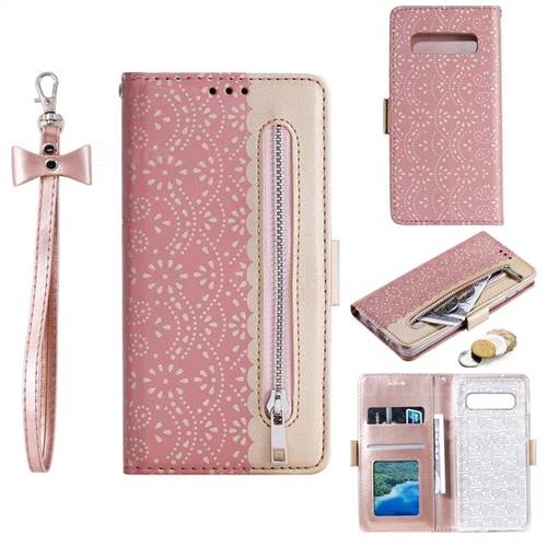 Luxury Lace Zipper Stitching Leather Phone Wallet Case for Samsung Galaxy S10 (6.1 inch) - Pink