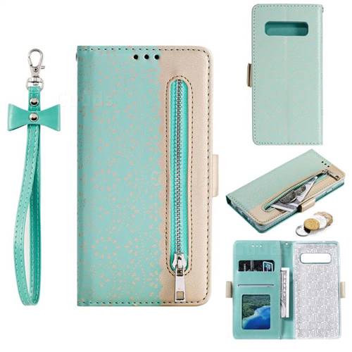 Luxury Lace Zipper Stitching Leather Phone Wallet Case for Samsung Galaxy S10 (6.1 inch) - Green