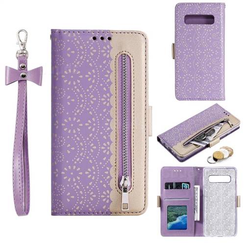 Luxury Lace Zipper Stitching Leather Phone Wallet Case for Samsung Galaxy S10 (6.1 inch) - Purple