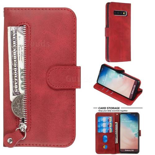 Retro Luxury Zipper Leather Phone Wallet Case for Samsung Galaxy S10 (6.1 inch) - Red