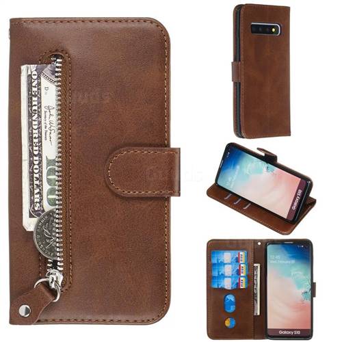 Retro Luxury Zipper Leather Phone Wallet Case for Samsung Galaxy S10 (6.1 inch) - Brown