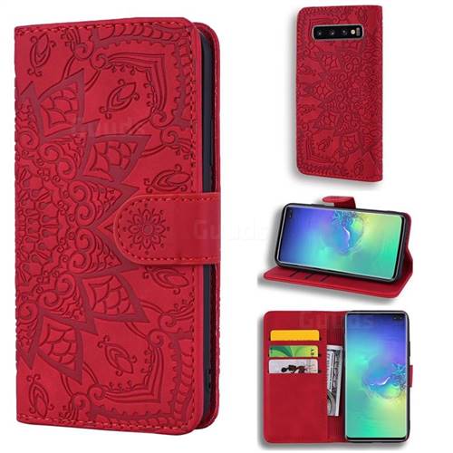 Retro Embossing Mandala Flower Leather Wallet Case for Samsung Galaxy S10 (6.1 inch) - Red