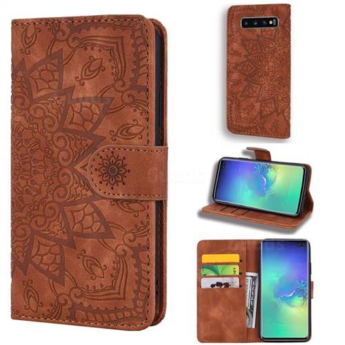 Retro Embossing Mandala Flower Leather Wallet Case for Samsung Galaxy S10 (6.1 inch) - Brown