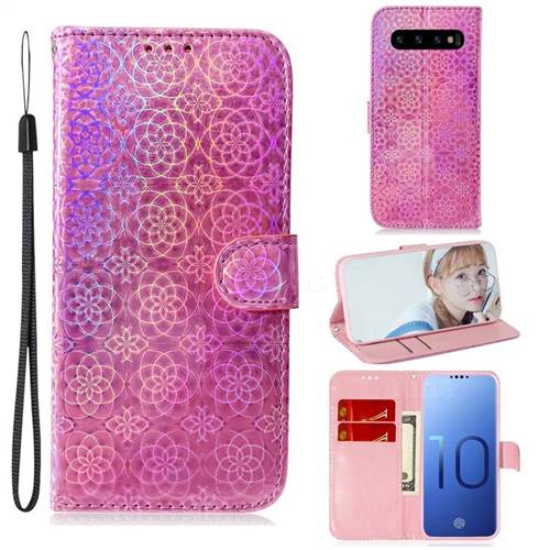 Laser Circle Shining Leather Wallet Phone Case for Samsung Galaxy S10 (6.1 inch) - Pink