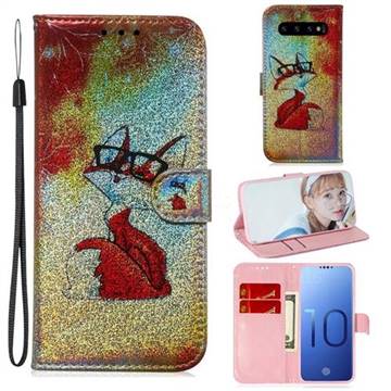 Glasses Fox Laser Shining Leather Wallet Phone Case for Samsung Galaxy S10 (6.1 inch)