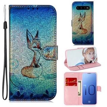 Cute Fox Laser Shining Leather Wallet Phone Case for Samsung Galaxy S10 (6.1 inch)