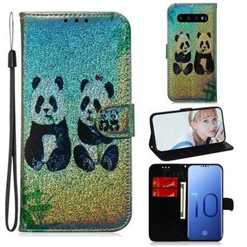 Two Pandas Laser Shining Leather Wallet Phone Case for Samsung Galaxy S10 (6.1 inch)