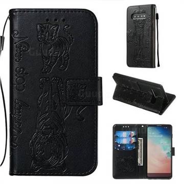 Embossing Tiger and Cat Leather Wallet Case for Samsung Galaxy S10 (6.1 inch) - Black
